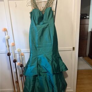 Teal Beaded Mermaid Prom Dress - Unbranded